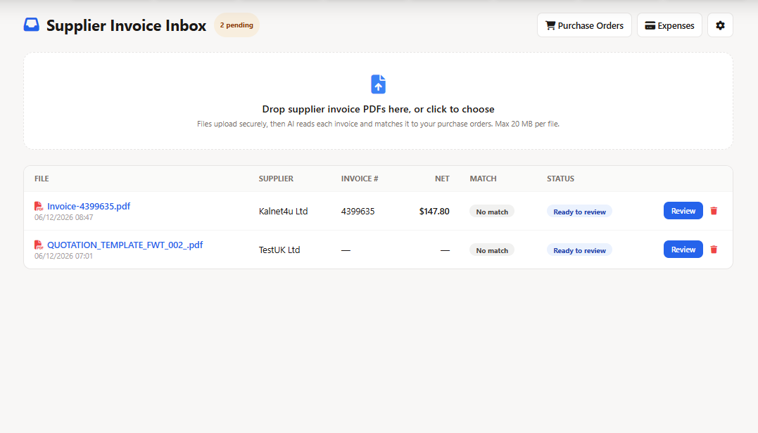 AI supplier invoice inbox software showing uploaded invoice PDFs ready for review