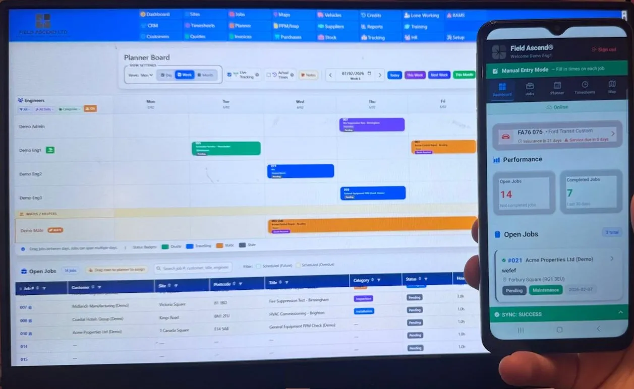 Field service management software UK – office scheduling dashboard connected to engineer mobile app with offline capability