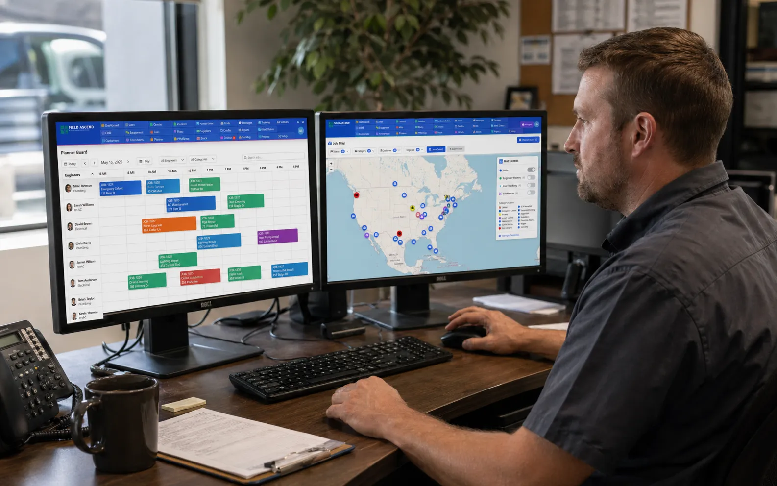 commercial dispatch office using scheduling and dispatch software to assign technicians