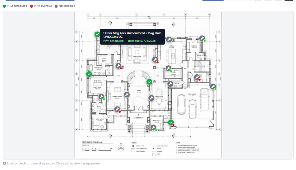 Customer portal floorplan and control room view with pinned equipment status colours