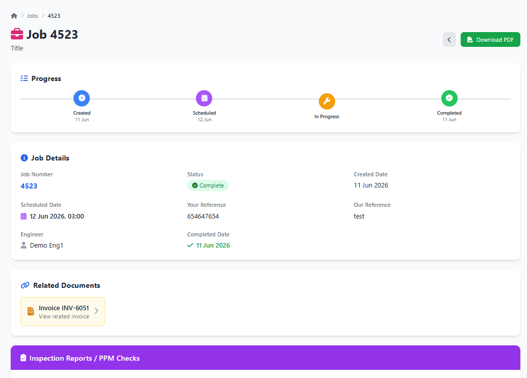 Customer portal job tracking screen showing work done, files and service history