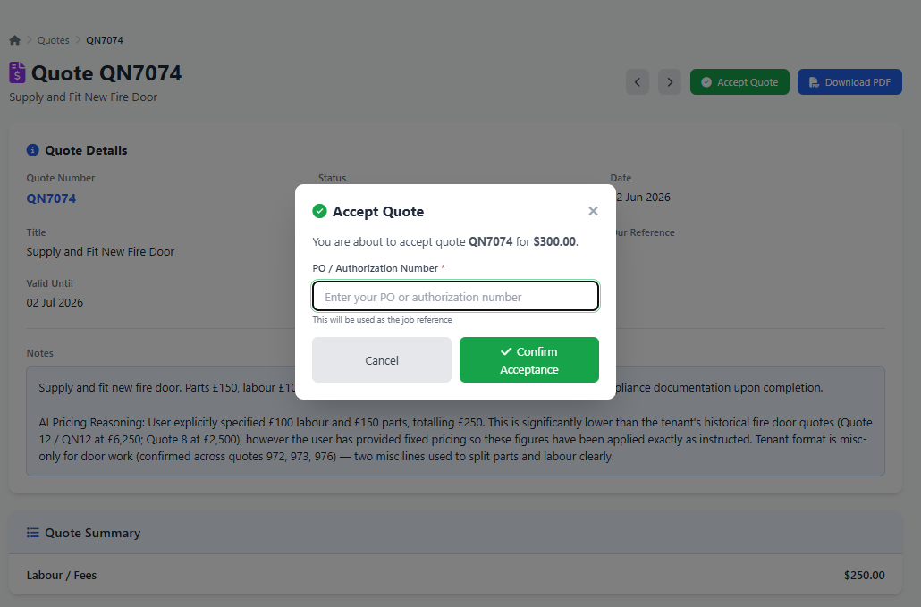 Customer portal quote and invoice access showing online quote acceptance and invoice downloads