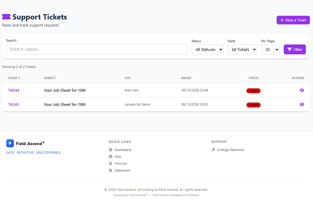 Customer portal support ticket form for raising service requests