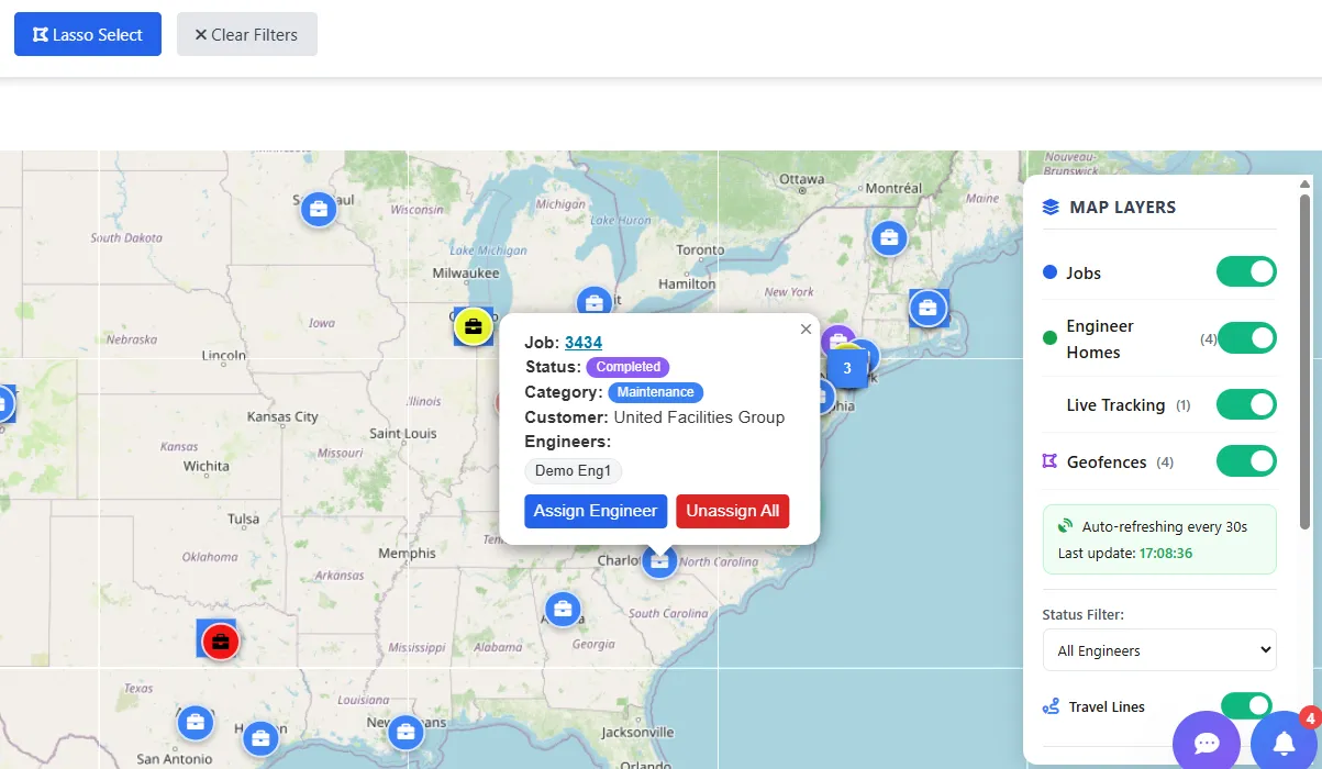 Field service dispatch software board showing technicians, jobs and live check-in status