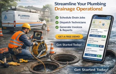 Drainage contractor job board in Field Ascend showing CCTV survey scheduling and mobile app