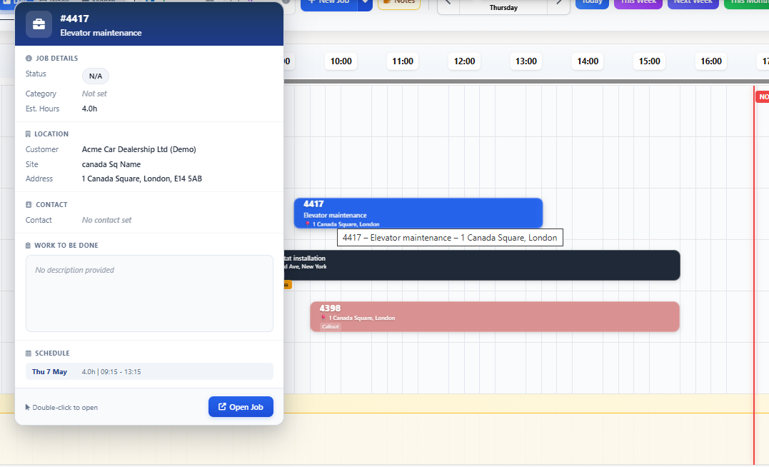 Elevator service dispatch software showing technician scheduling and repair jobs