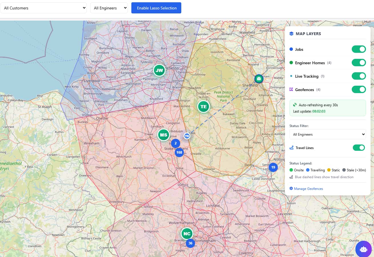 Engineer dispatch software showing map view with job locations and engineer positions