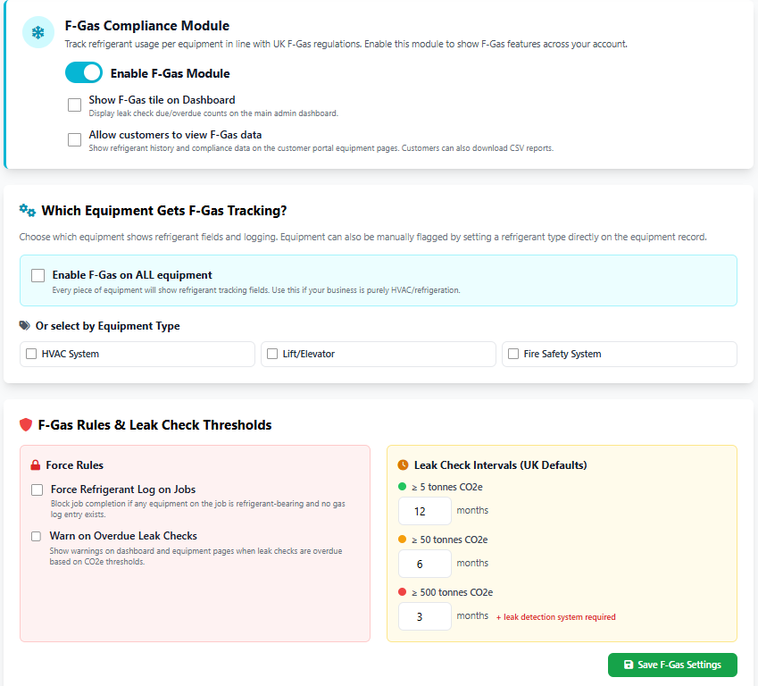 F-Gas compliance software settings showing module configuration, equipment type selection, force rules, and leak check threshold intervals for UK contractors