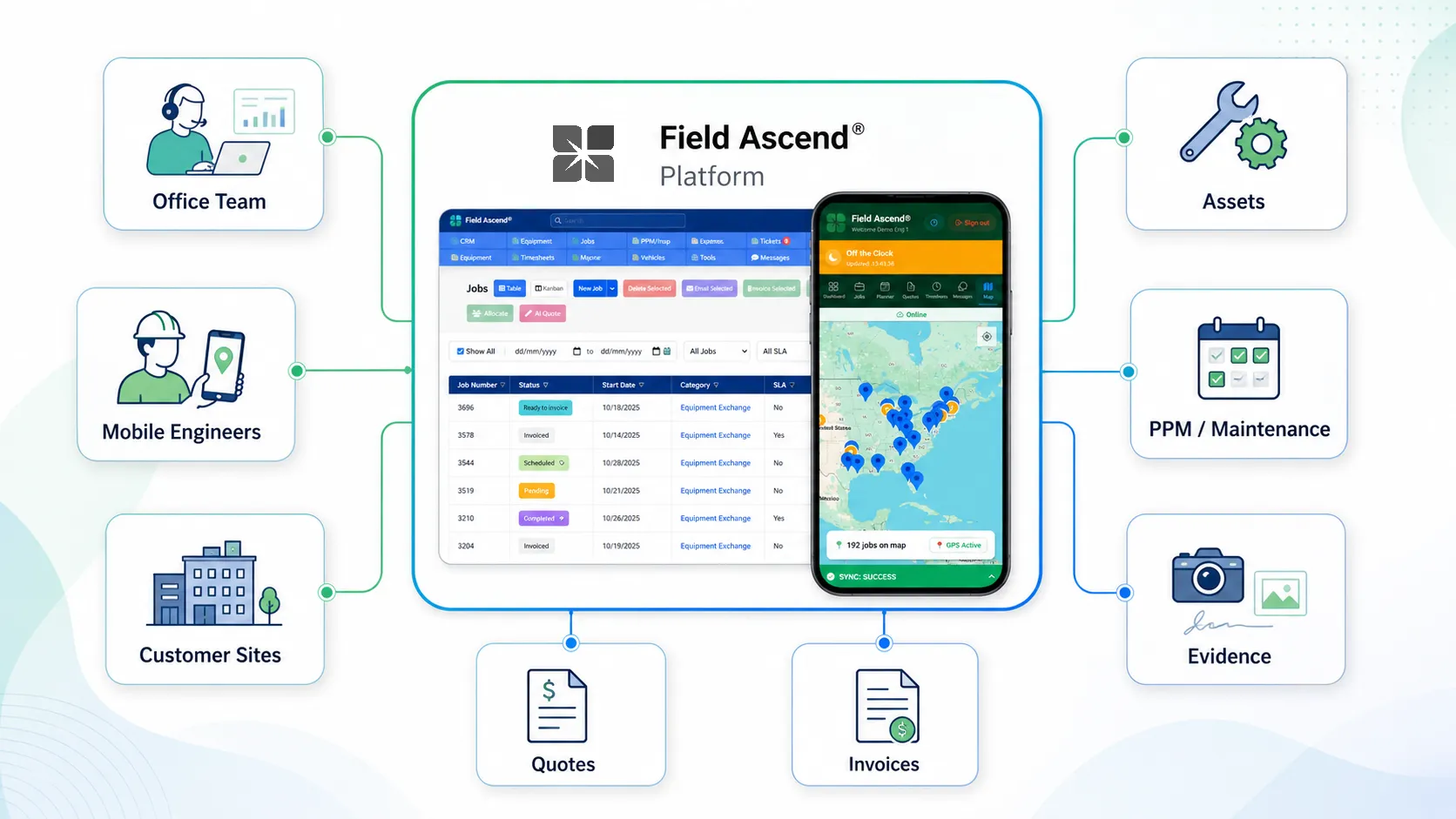 Connected field service operations workflow linking office teams, mobile engineers, assets, maintenance, job evidence, quotes and invoices