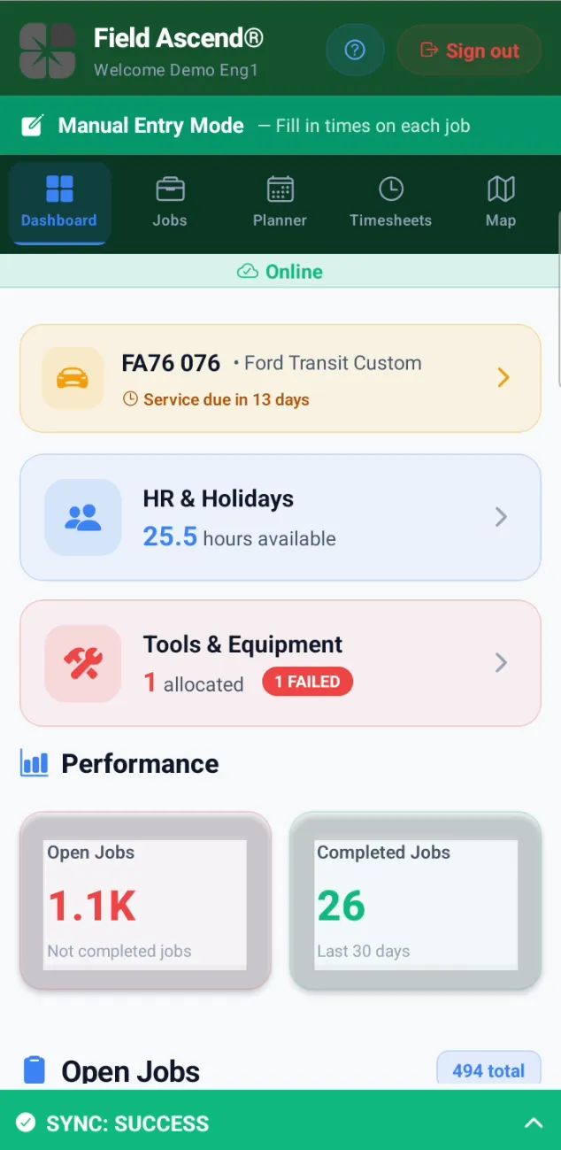 Field Ascend field service mobile app dashboard showing vehicle status, PTO hours, tools and equipment, open jobs, completed jobs, and sync status for a US technician