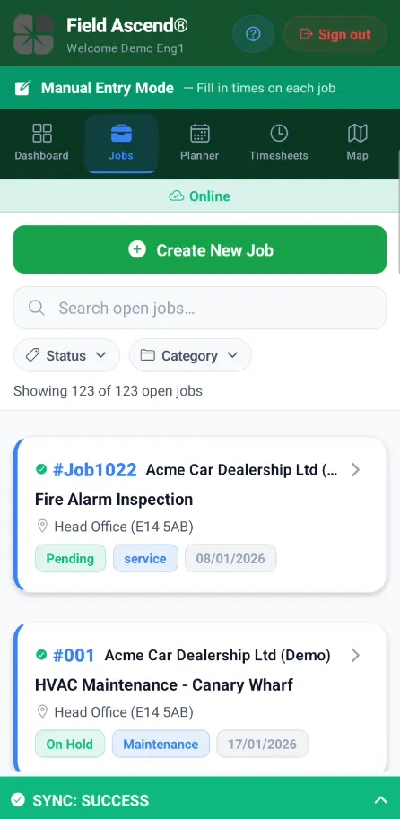 Field service engineer software job detail screen on mobile
