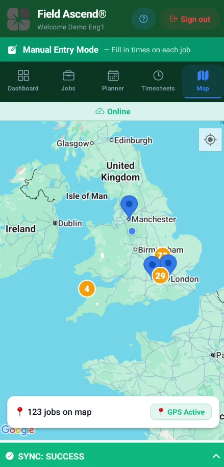Field service engineer software map view on mobile