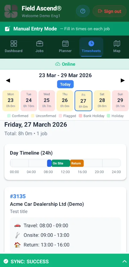 Field service engineer software timesheets view on mobile