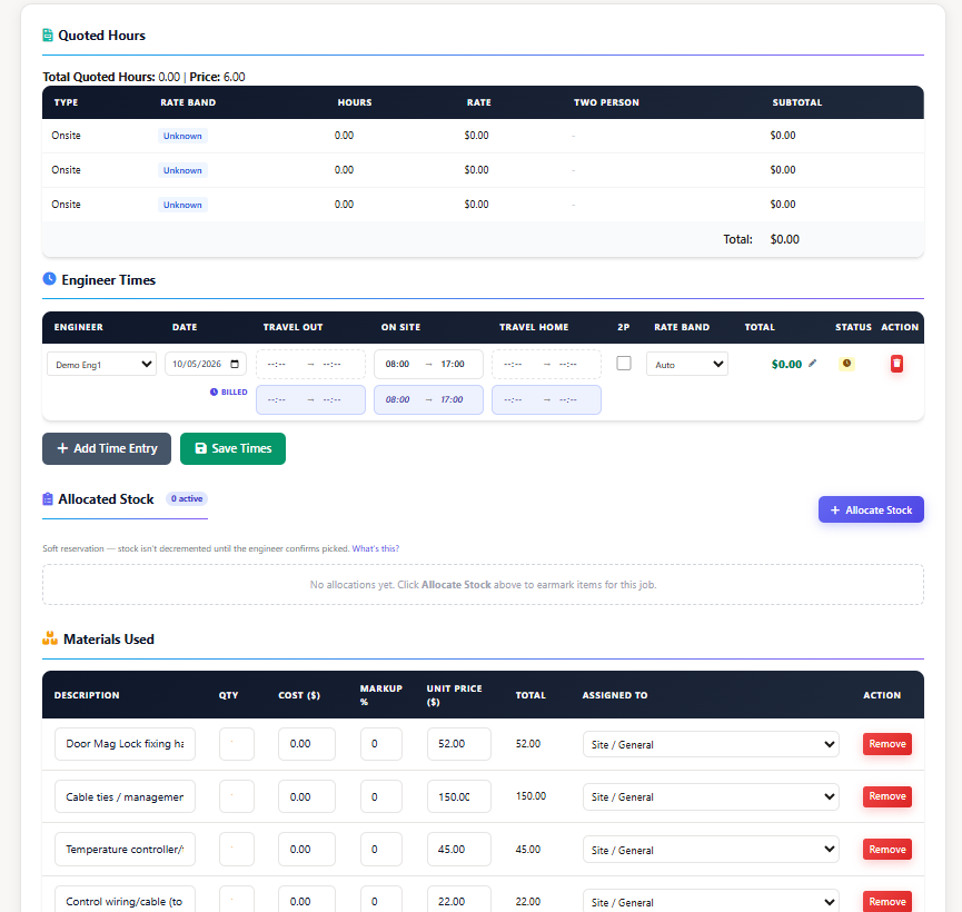 Field service job costing dashboard showing revenue, labor, materials, technician utilization and job profitability