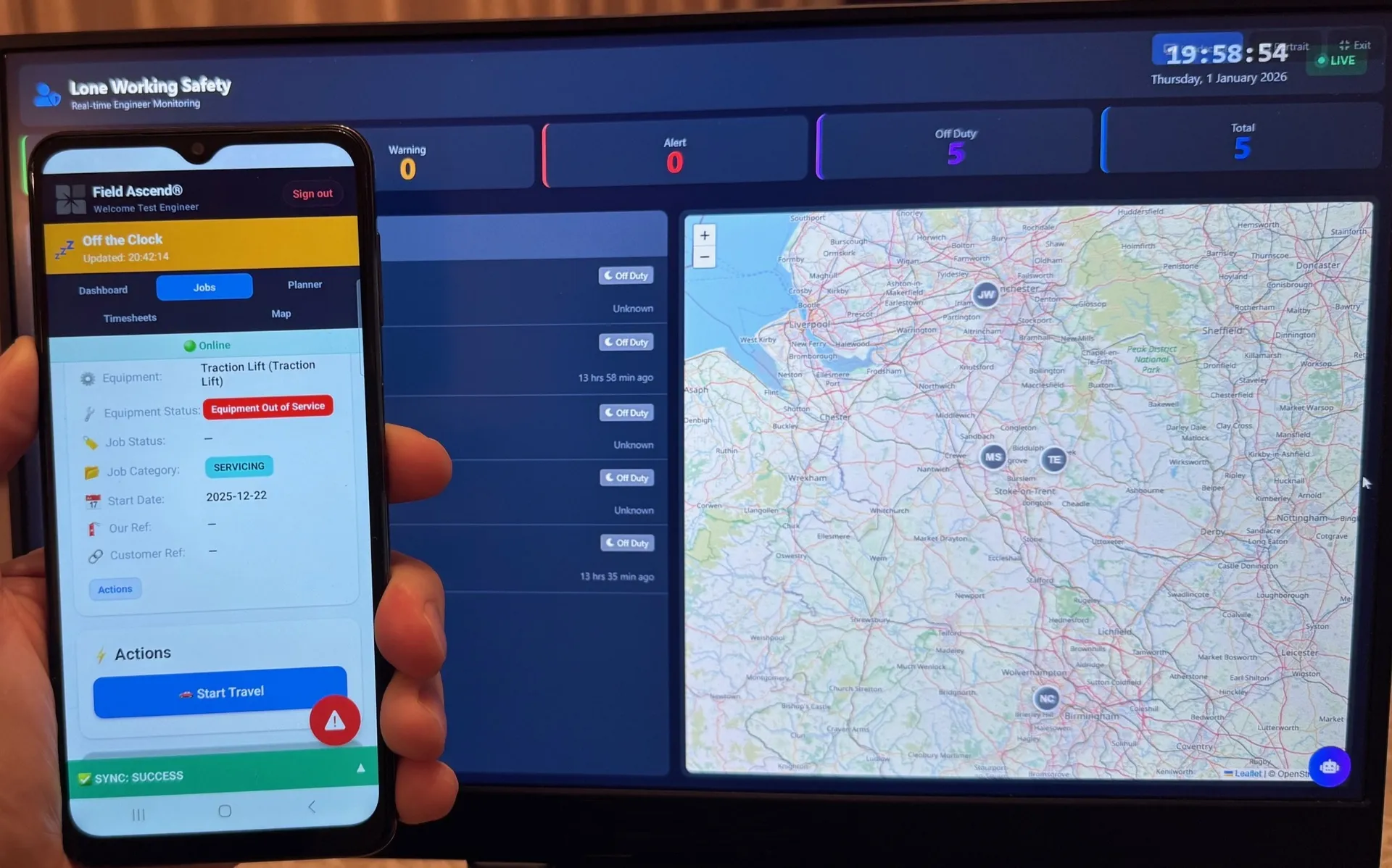 Field Ascend mobile field service app showing engineer job workflow and timesheets