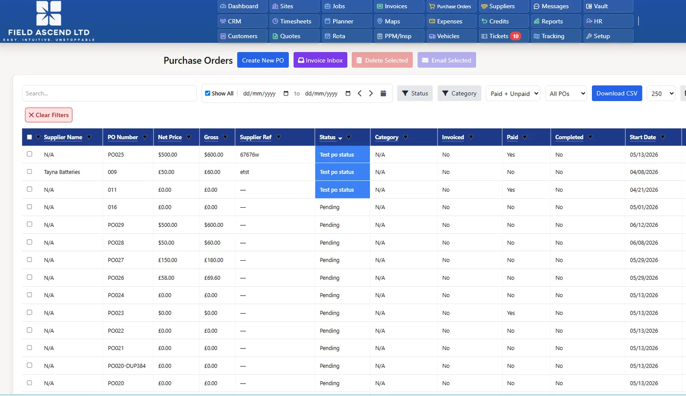 Field service purchase order software dashboard showing linked supplier spend and job costs