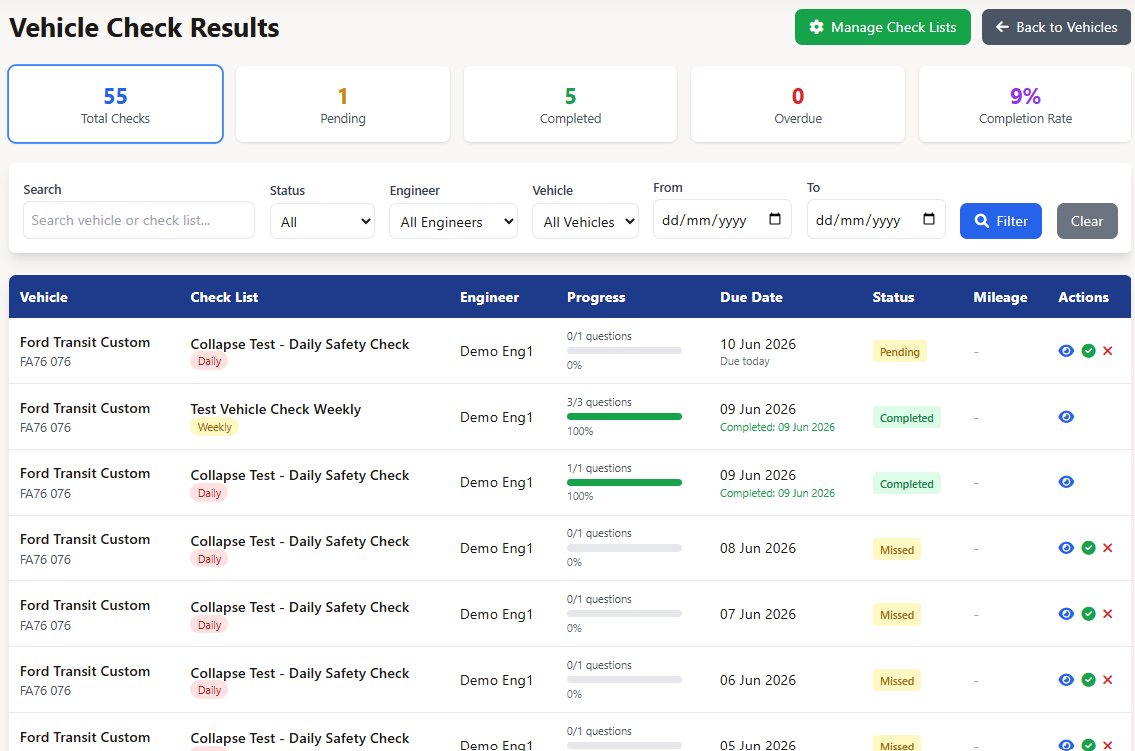 Field Ascend vehicle check results screen showing completed fleet checks and green status