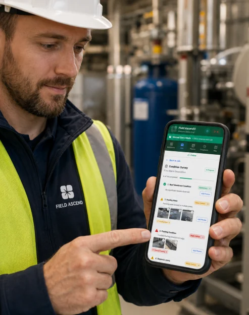 Mobile field service app showing engineer job notes photos signatures and timesheet workflow