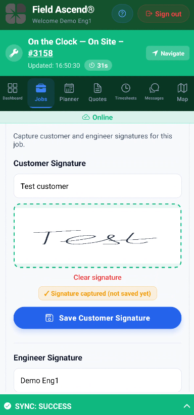 Field service mobile app capturing a customer signature, photos and job notes against the work order