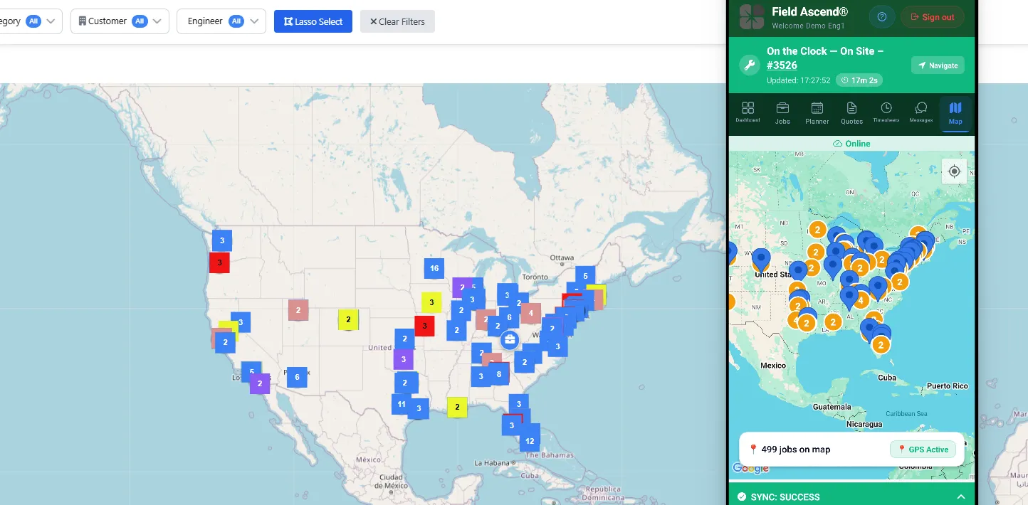 Field Ascend field service software dispatch board with planner, live map and job scheduling for US contractors