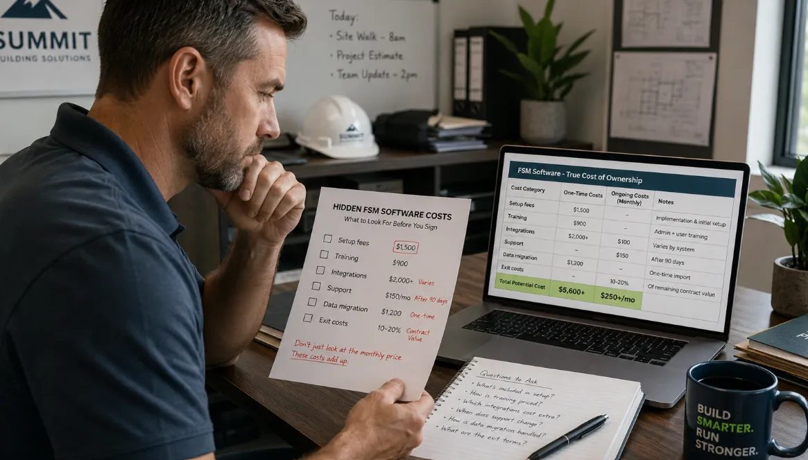 FSM software hidden costs checklist for U.S. field service contractors comparing setup fees training integrations and support
