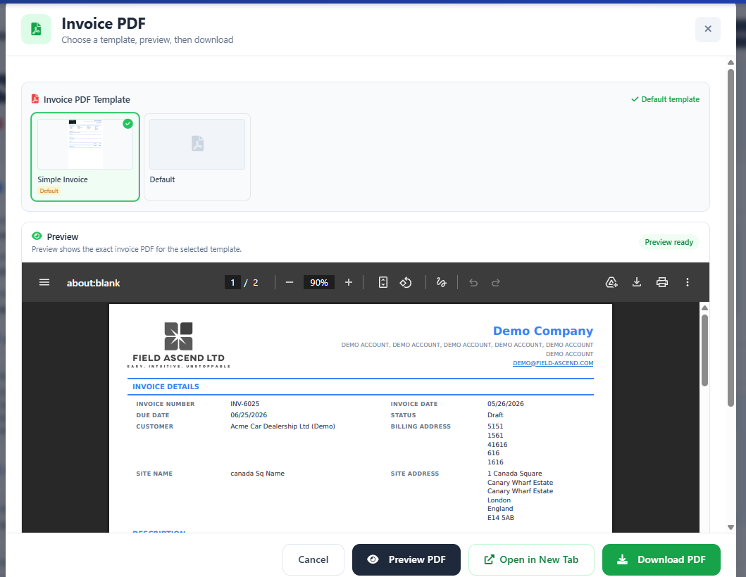 Branded Field Ascend invoice generated from a completed field service work order