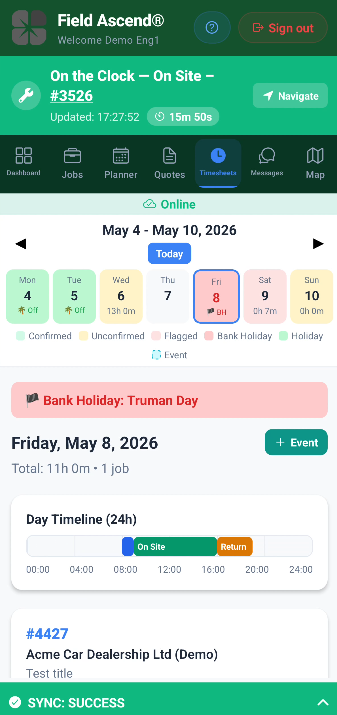 Field Ascend mobile field service app showing job timer, photos and technician work order updates