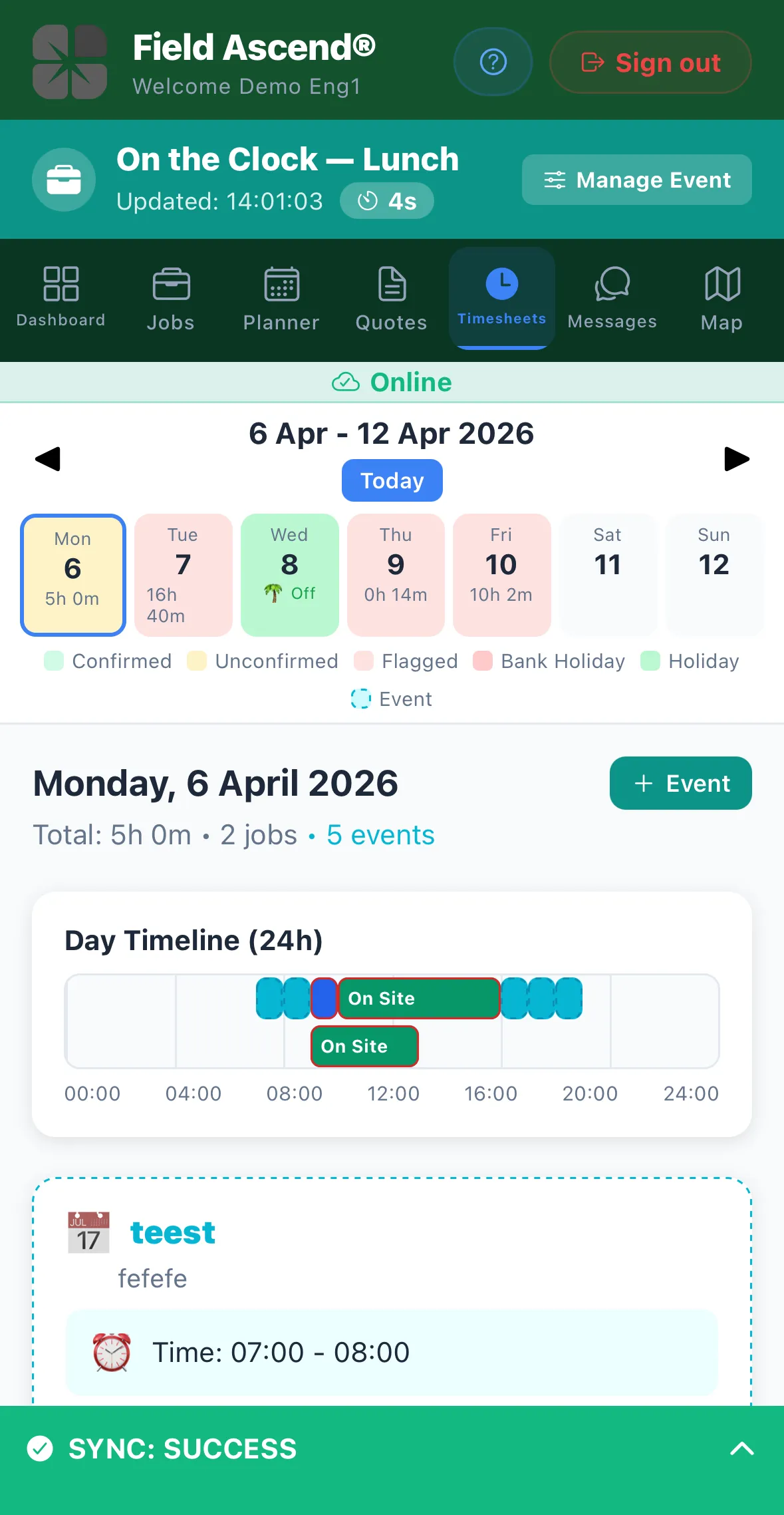 Field Ascend field service management app showing technician timesheets, planner events, and a day timeline on mobile