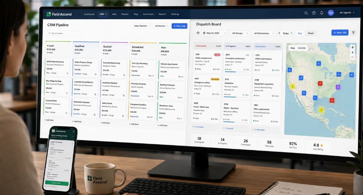 Generic CRM pipeline compared with an FSM dispatch board for field service jobs