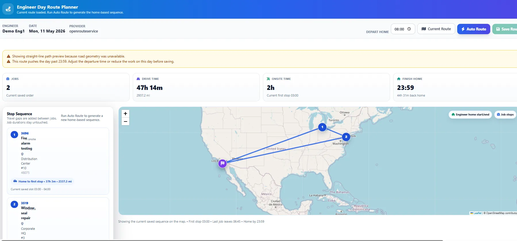 GPS route optimization map for dispatching nearby technicians to commercial work orders