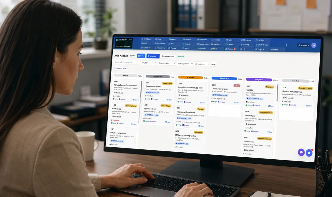 Job management software for trades showing a dispatch board with scheduled technicians and work orders