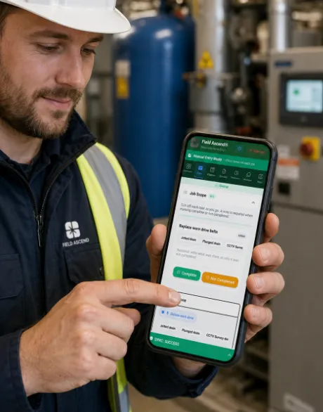 Mobile app for plumbers showing job sheet, photos and signature capture