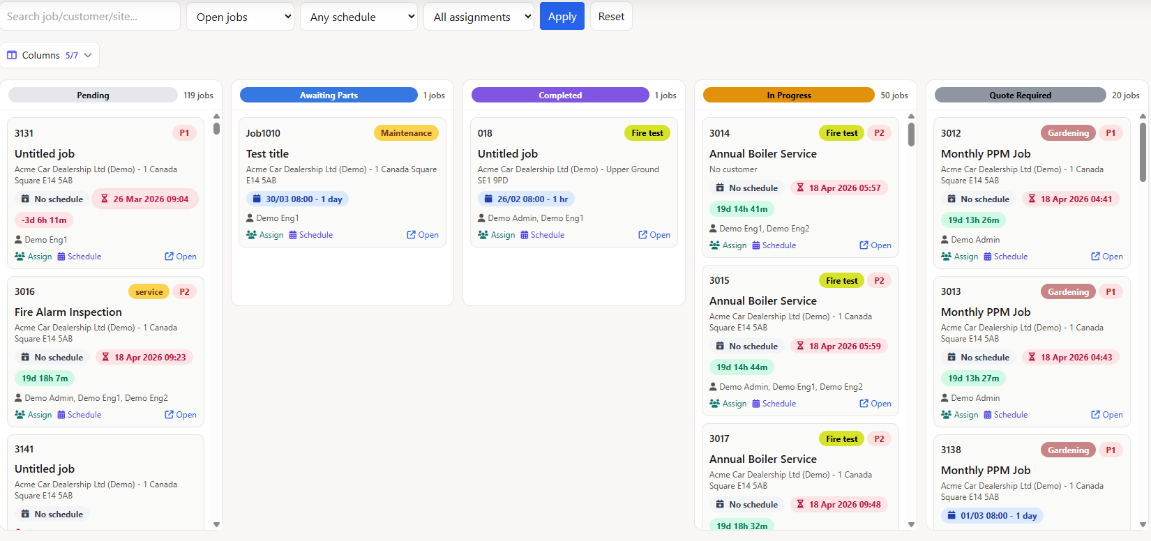 Field service Kanban board with drag-and-drop job status columns, card count badges, and column picker