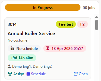 Kanban board job cards showing live SLA countdown timers in green, amber, and flashing red overdue states