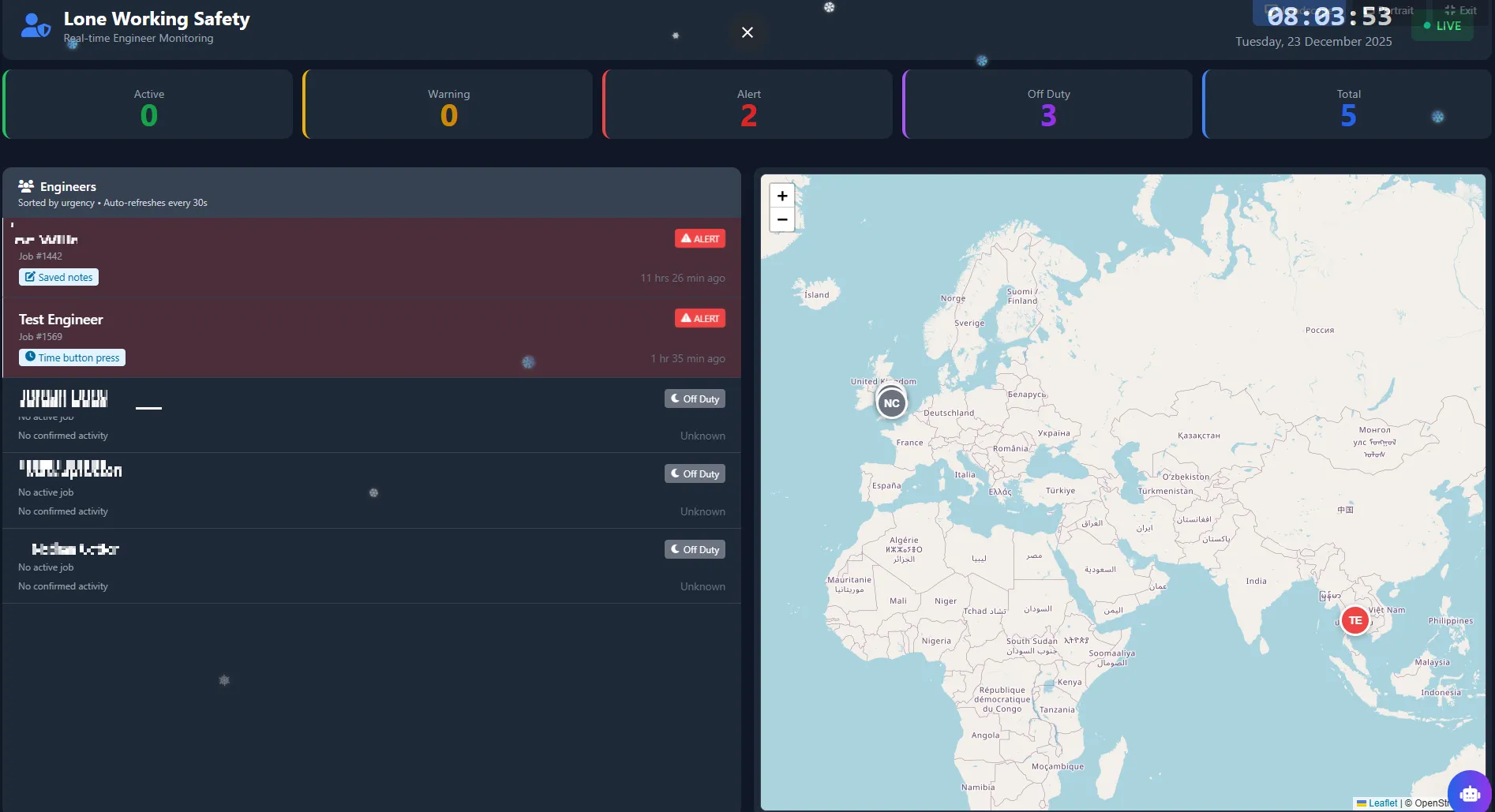 Lone Working Kiosk Mode for office displays with auto-scrolling engineer list