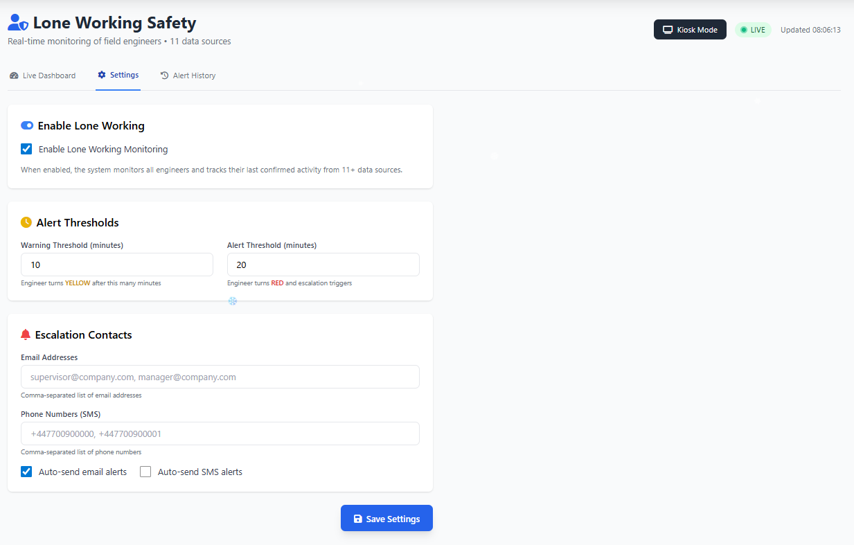 Lone Working Dashboard showing live engineer status and map with real-time safety monitoring