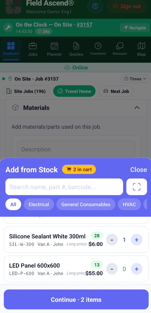 Engineer mobile app showing stock picked from purchase order received parts
