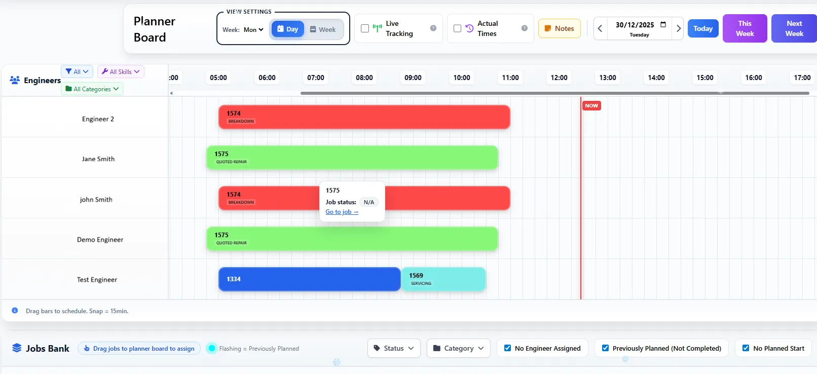 Plumbing scheduling software showing the engineer dispatch and planner board