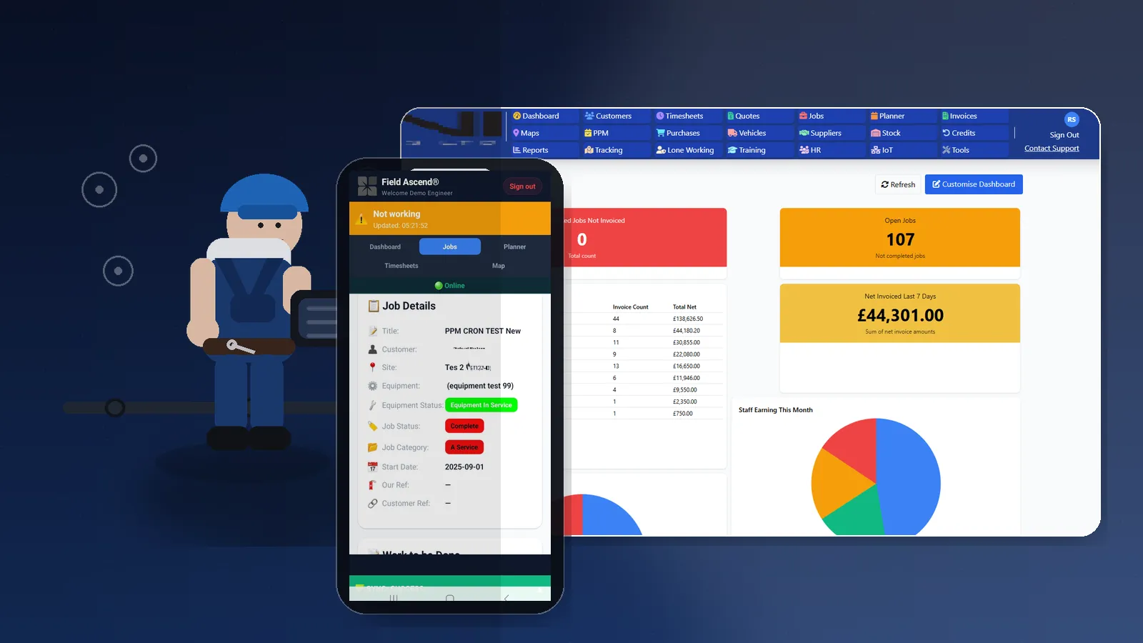 Plumbing software dashboard showing scheduled jobs and engineer status