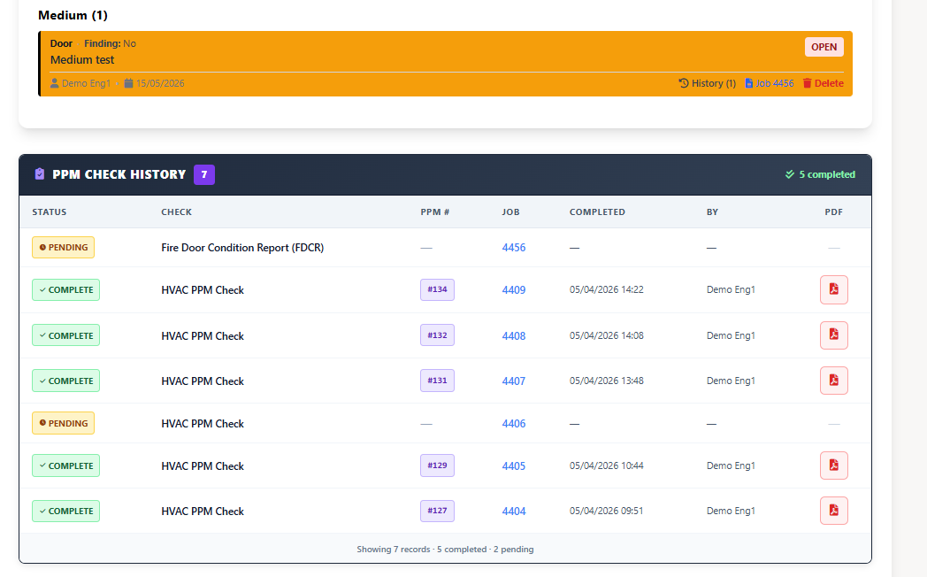 Equipment asset register showing service history and defect tracking