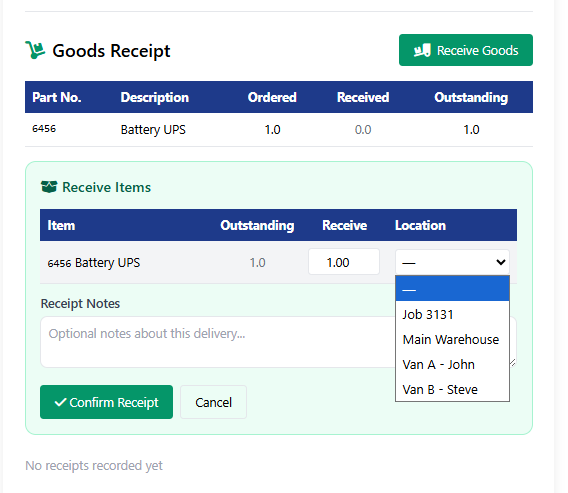 Purchase order receiving into field service stock locations