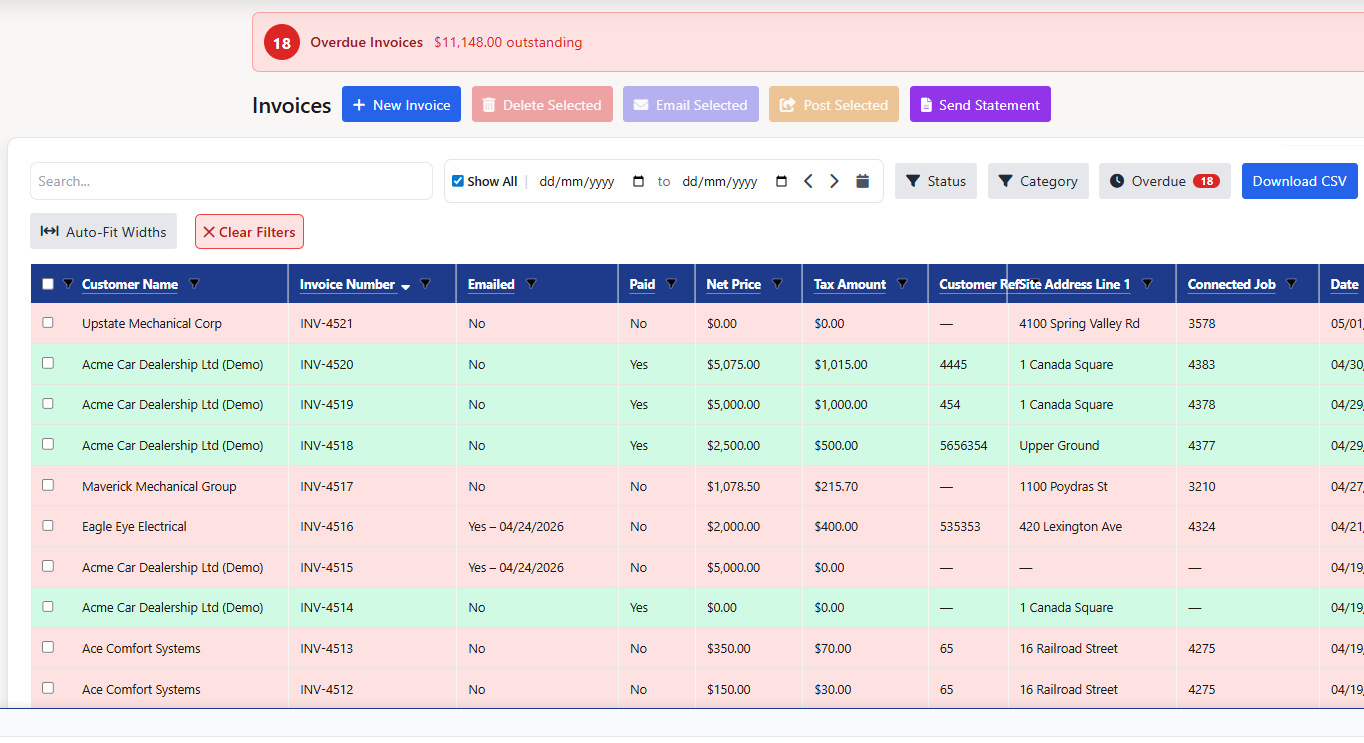QuickBooks invoice mapping for field service software showing customer, service location, labor, materials, tax and accounting item fields