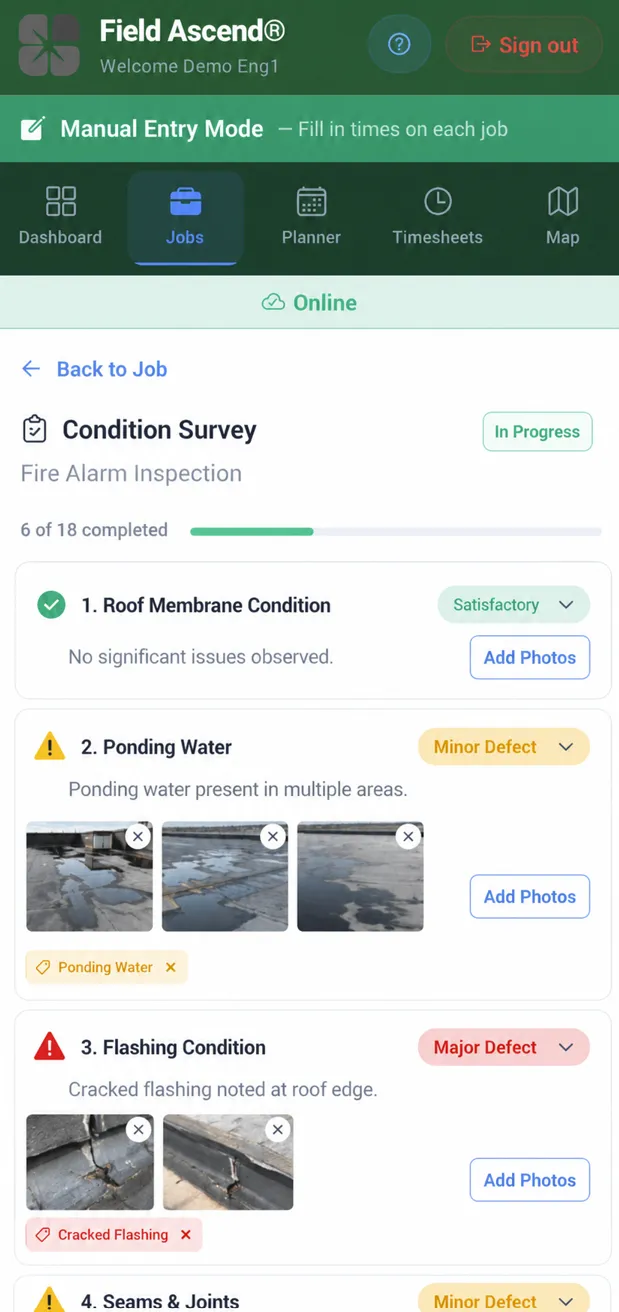Roofing mobile app condition survey checklist with photo thumbnails, timestamped evidence and defect tags