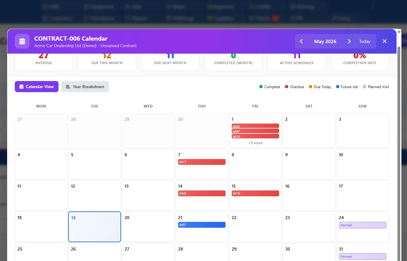 Preventive maintenance calendar for recurring commercial roof inspections across multiple U.S. customer sites