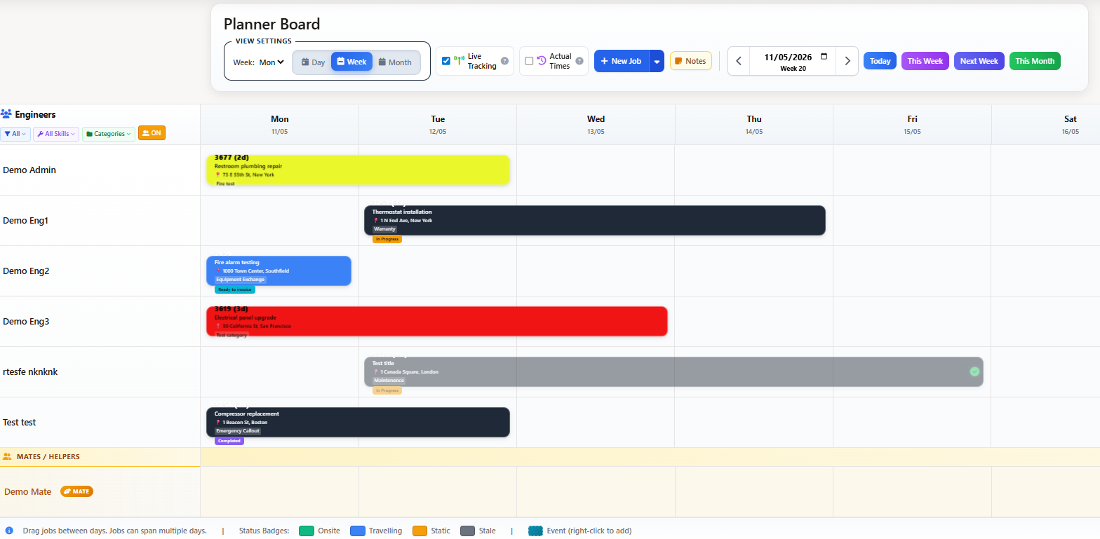 drag-and-drop scheduling and dispatch board showing technician work orders by day