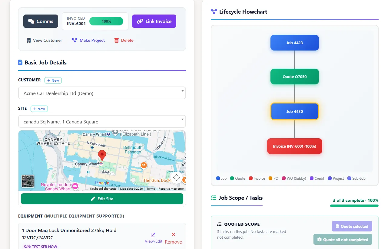 Trade contractor work order management dashboard for job sites and field work