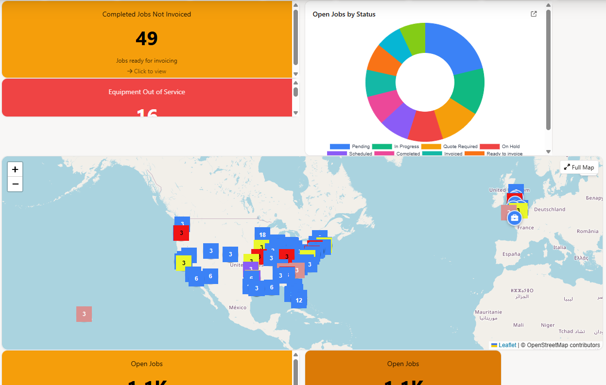 Facility management software dashboard showing multiple buildings, sites, and equipment across a portfolio