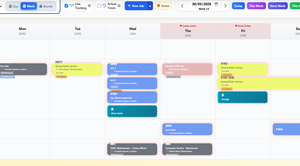 Work order dispatch showing visual planner board with technician schedules and job assignments