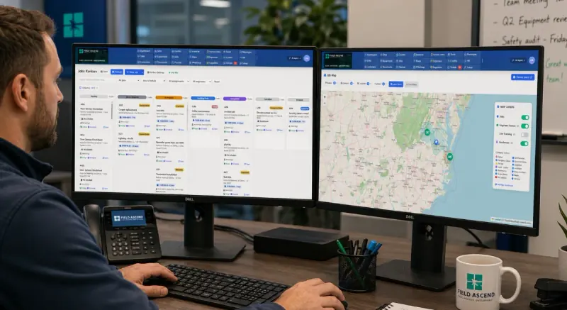 FSM software for U.S. contractors showing Field Ascend scheduling, dispatch, technicians and work orders