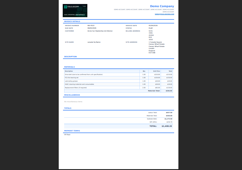 Invoice PDF showing grouped breakdown sections at top tasks indented underneath each section per-section subtotals and grand total matching original quote structure